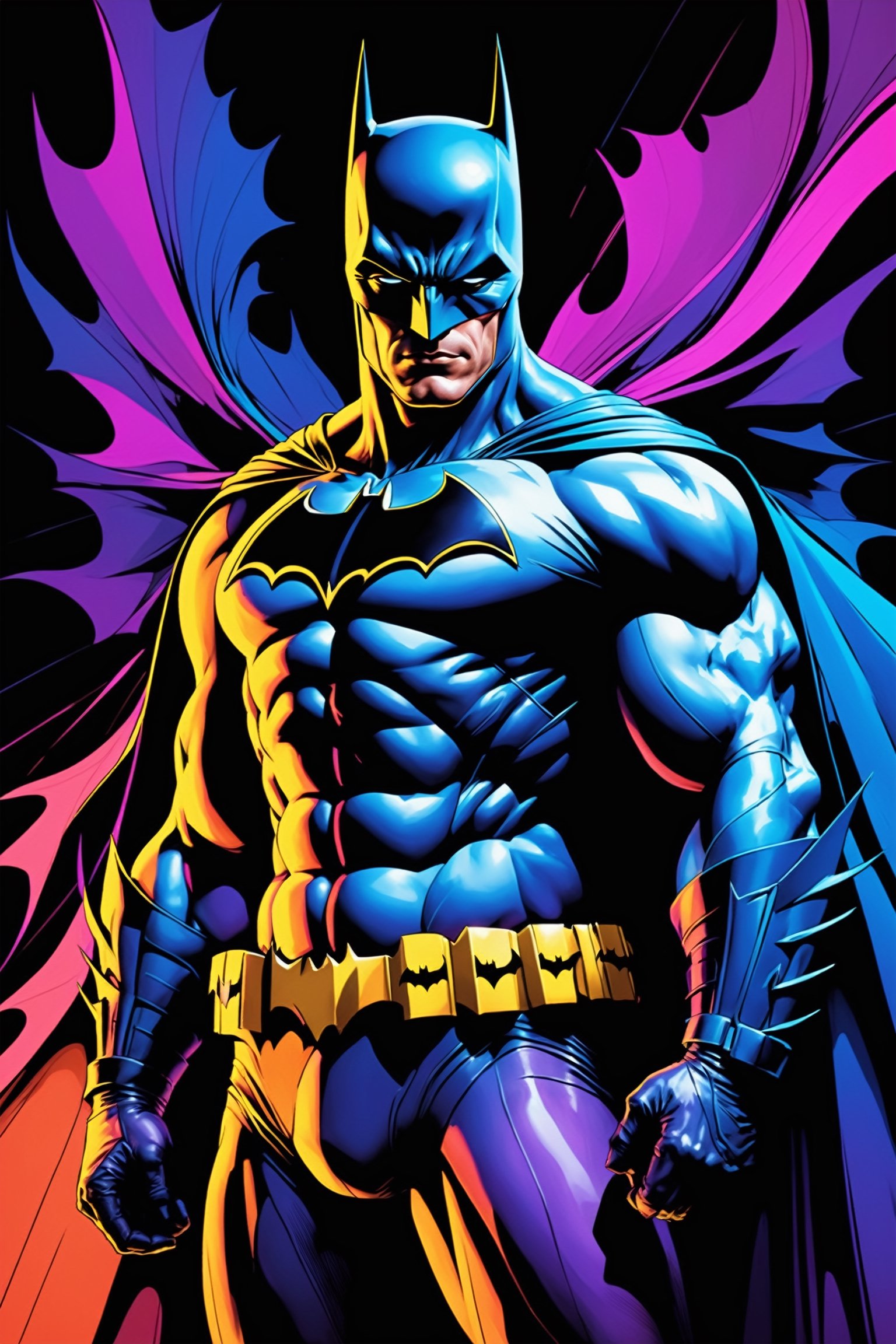 midshot, cel-shading style, centered image, ultra detailed illustration of Batman, posing, ((Full Body)), (tetradic colors), inkpunk, ink lines, strong outlines, art by MSchiffer, bold traces, unframed, high contrast, cel-shaded, vector, 4k resolution, best quality, (chromatic aberration:1.8)