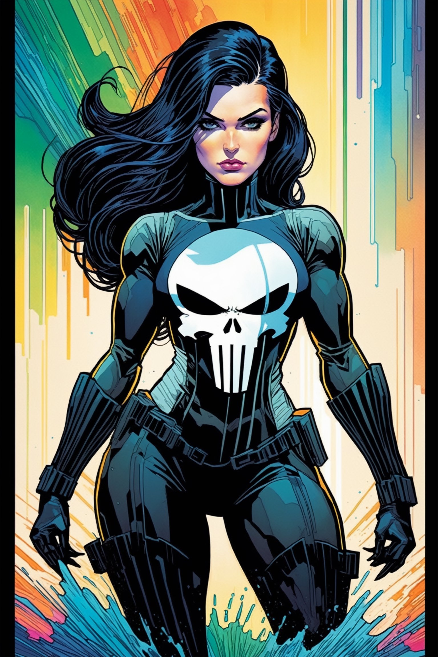 midshot, cel-shading style, centered image, ultra detailed illustration of the comic character, a female Punisher, posing, flowing Maine of black hair, ((Full Body)), (tetradic colors), inkpunk, ink lines, strong outlines, art by MSchiffer, bold traces, unframed, high contrast, cel-shaded, vector, 4k resolution, best quality, (chromatic aberration:1.8)