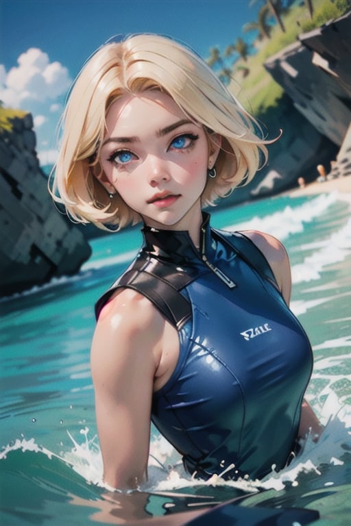  high quality,High detailed , beautiful white woman seeing at the camera, blue eye, colors,anime style,mid body,25D_Loras, water, awesome background,swiming clothes ,short hair, blonde hair, brave girl, ocean in the background