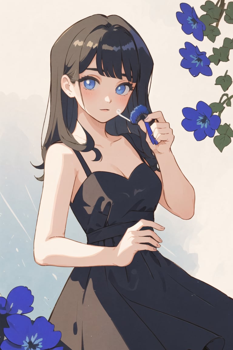 A girl in a black dress on her face photo in her hands blue flowers, brush 