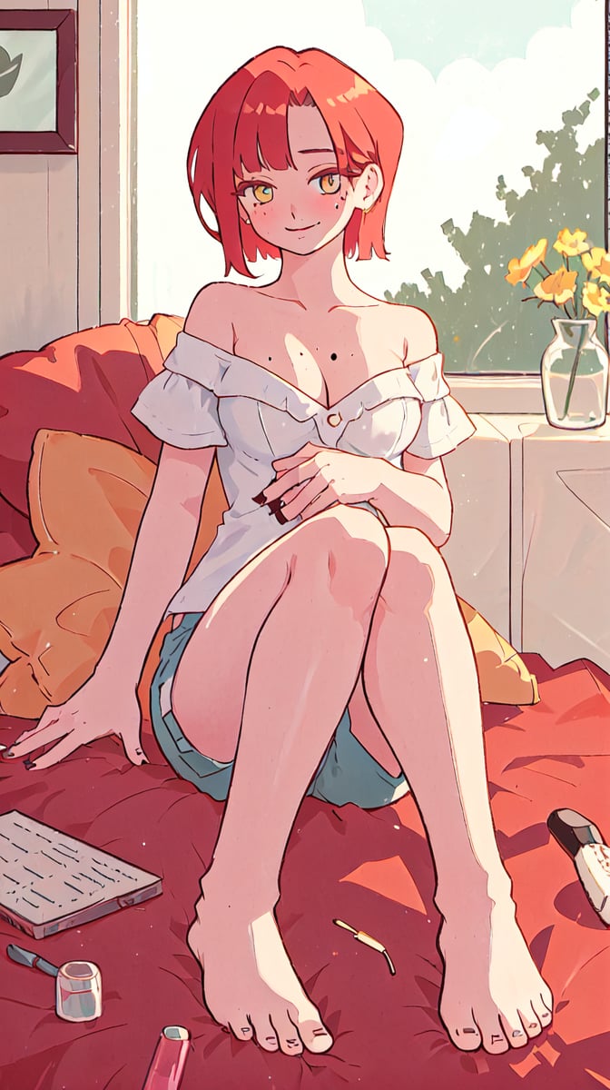 1girl, solo, short hair, breasts, looking at viewer, brush, smile, red_hair, holding, cleavage, sitting, closed mouth, full_body, shorts, barefoot, indoors, withe skin, mole, yelow_eyes, feet, dark skinned female, pillow, bed, toes, on bed, mole on breast, bare shoulders, medium breasts, off shoulder,Unun_girl 