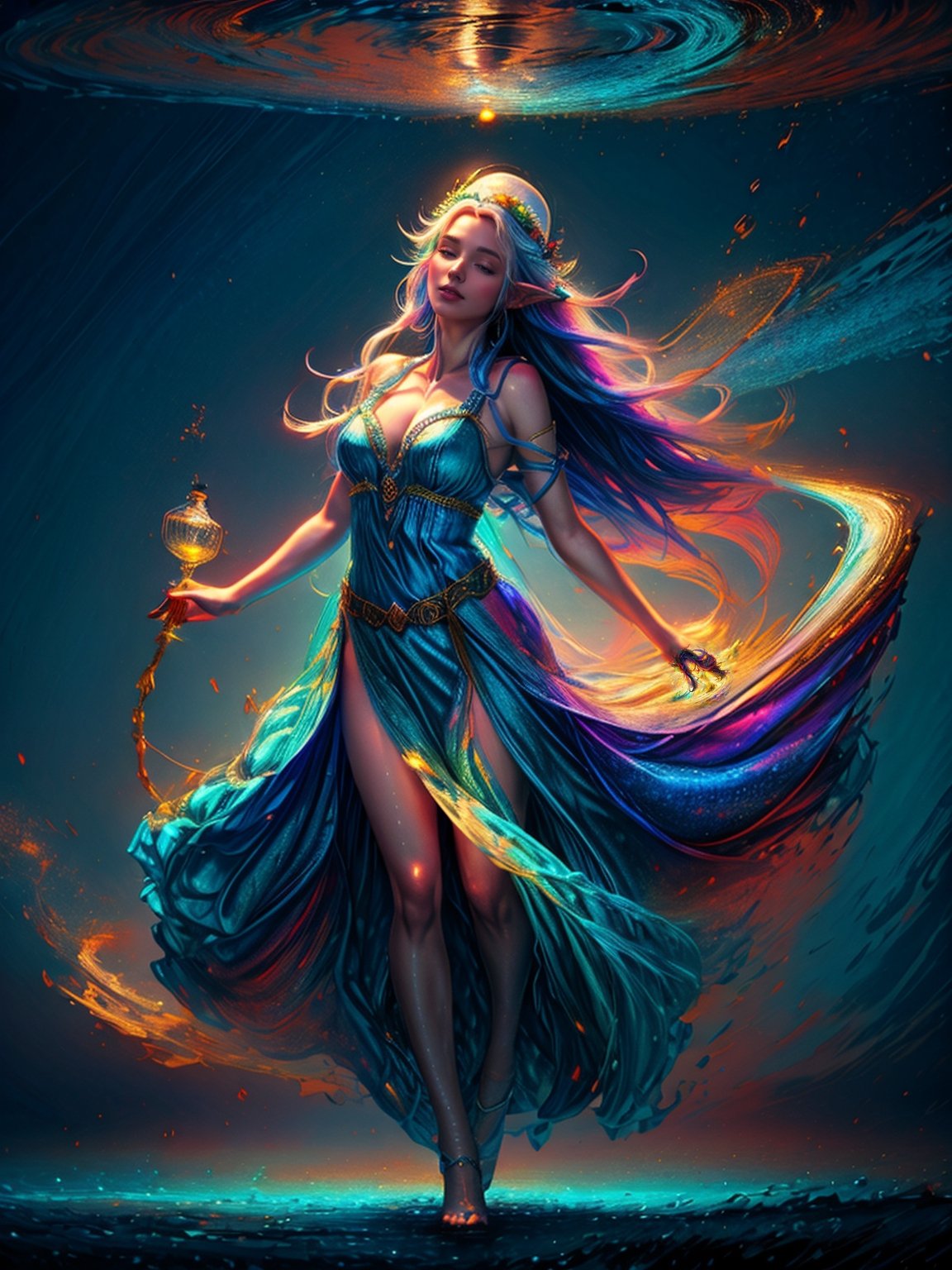 An elf maiden wearing a loose, flowing, dress dances in the midst of swirling colors and liquid objects.  
 masterpiece, best quality, high resolution, extremely detailed, fantasy, low contrast,art,fantasy,Epic