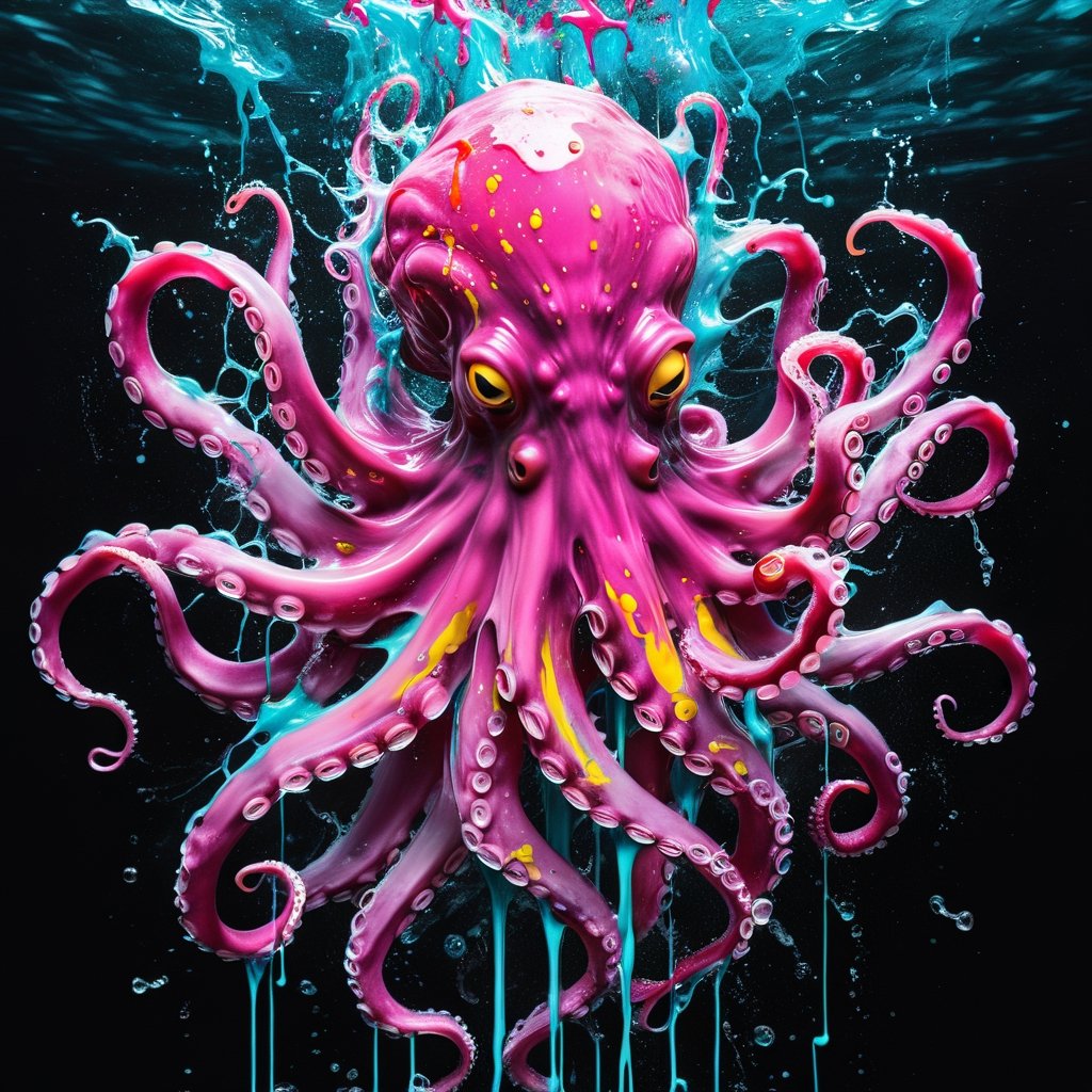 In this comical depiction a octopus splashes and flings paint everywhere. As it's tentacles swing paint flies in every direction. 
The octopus is a dark pink with hues of red neon lighting running through it. It is surrounded by paint splatters and splashes. There is paint mixed in water as well. 
The octopus's body has streaks of neon light running through it causing it shine brightly. The shining of the octopus and the paint splashing creates a mesmerizing spectacle of colors.
It is important that movement is depicted and flying paint is seen with the surrounding having paint splashes.
conceptual art, octopus, liquid sculpture,pain blast, sharp focus, realistic, vivid colors, highly detailed, UHD drawing, perfect composition, beautiful detailed, 8k artistic photography, photorealistic concept art, soft natural volumetric cinematic perfect light
,Monster,dripping paint,neon photography style