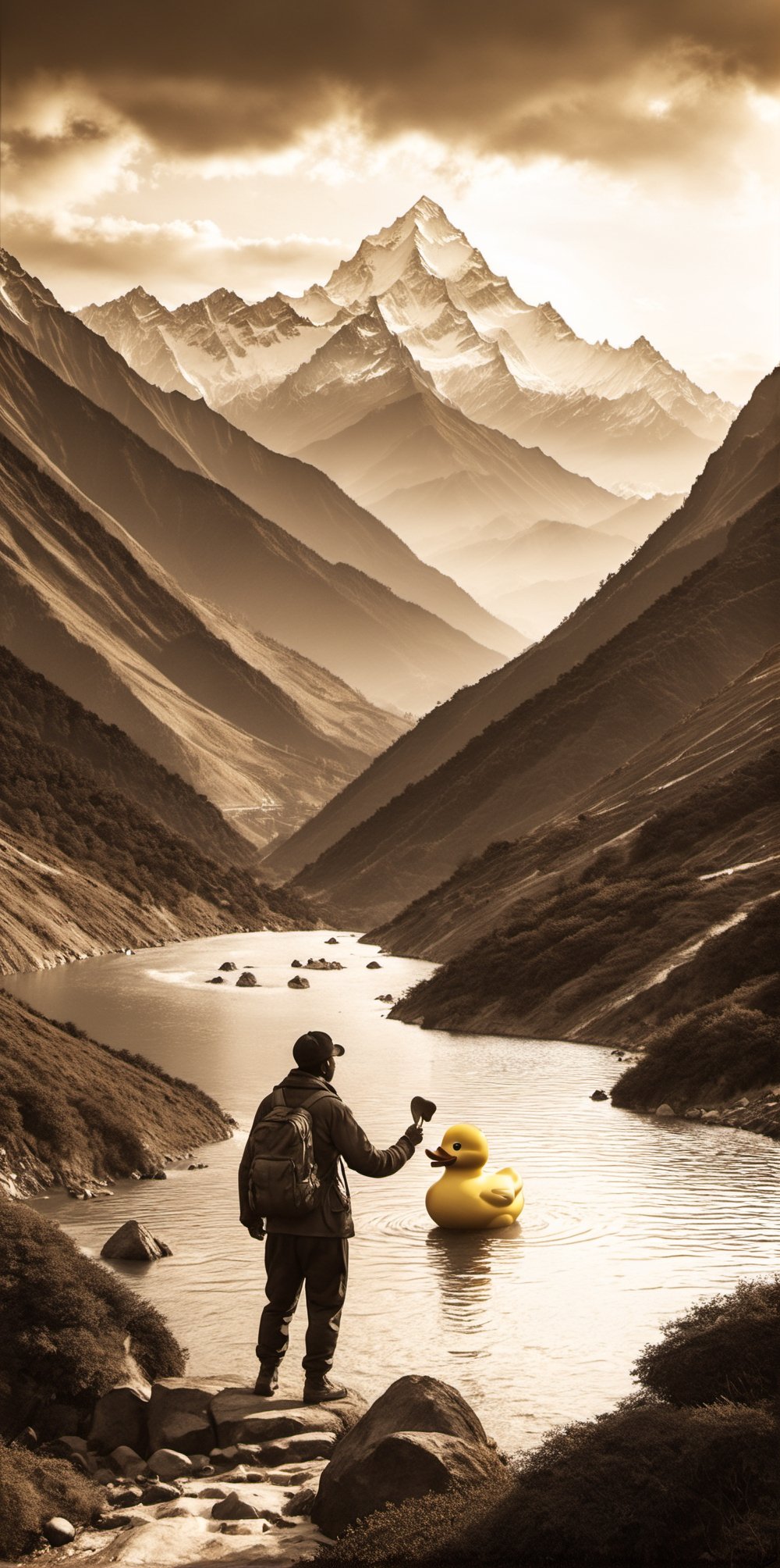 A man comes face to face with a rubber duck atop the Himalayan mountain range.  
Sepia tones

8k resolution photorealistic masterpiece, intricately detailed, cinematic lighting, maximalist photoillustration, HD,make_3d,more detail XL