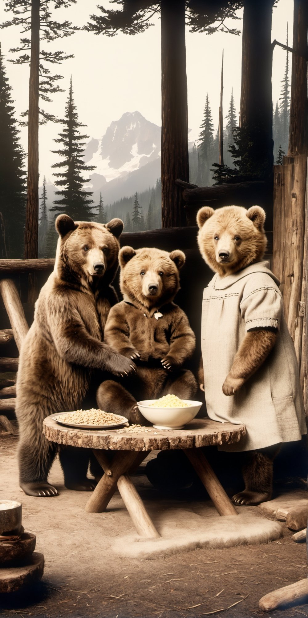 Three bears sit on stumps outside of a cabin. They each have a bowl of porridge in their paws. A girl with golden curly hair approaches the bears to share their porridge. 

8k resolution photorealistic masterpiece, intricately detailed, cinematic lighting, maximalist photoillustration, HD,make_3d