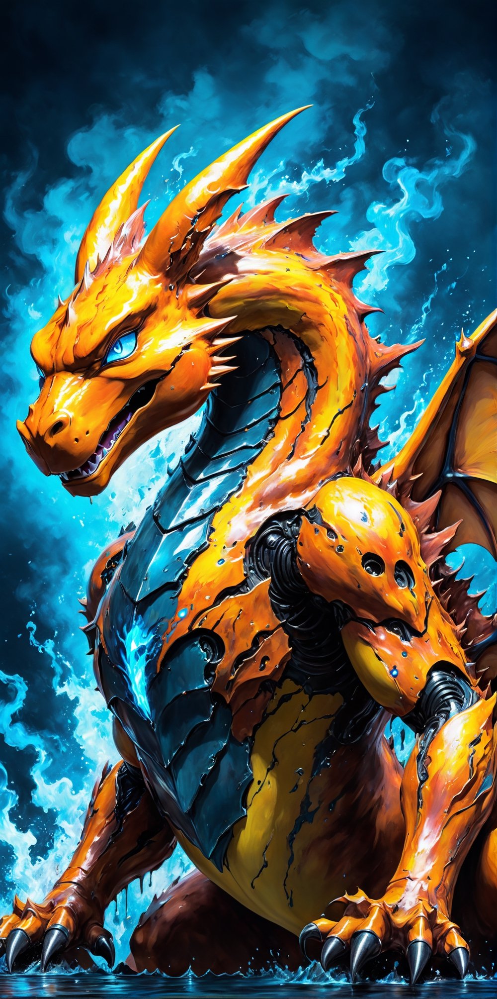 Render Charizard from Pokemon. 

photorealistic,  seeBlack ink flow: 8k resolution photorealistic masterpiece, intricately detailed fluid gouache painting, by Jean Baptiste Mongue, calligraphy, acrylic: colorful watercolor art, cinematic lighting, maximalist photoillustration, 8k, HD, resolution concept art intricately detailed, complex, elegant, expansive, fantastical, psychedelic realism, dripping paint,cyborg style,steampunk style,cyborg,android,steampunk,Movie Still, salvadordalistyle, noise reducer,
