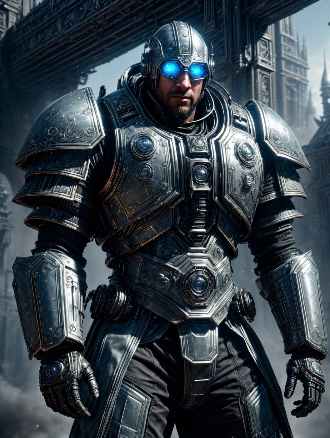 Render an image of a 30 year old man. 

He has a serious expression that eminates wisdom.

He wears a hightech lightweight armored jacket. He has gloves that allow his fingers to show. His has lightly armored utility pants as well. His knuckles have a metal sheen to them as they are literally iron. His armor emanates with diffused light due to the technology within it. 

solo, 8k resolution photorealistic masterpiece, intricately detailed, cinematic lighting, 8k resolution concept art intricately detailed, complex, expansive, fantastical, sitting moon,DonMM4ch1n3W0rld ,DonMR3mn4nts ,wowdk,weapon