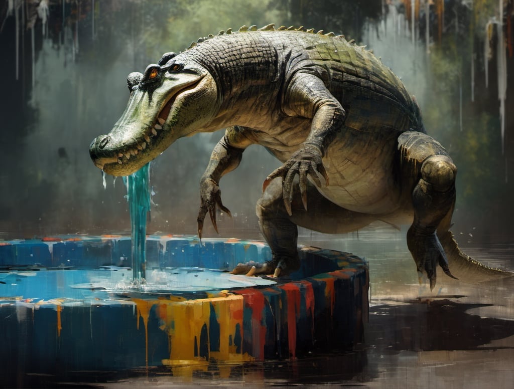 I'm the picture below the tail is missing on the crocodile. A long tail needs to be added so it can be visible while Maintaing all other detail. splattered with paint,  abstact, ,dripping paint,JRP style,abstact,biopunk style