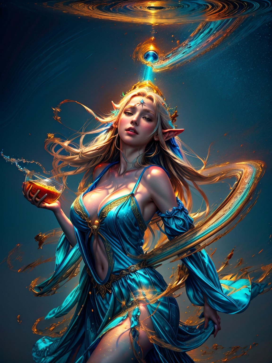 An elf maiden wearing a loose, flowing, dress dances in the midst of swirling colors and liquid objects.  
 masterpiece, best quality, high resolution, extremely detailed, fantasy, low contrast,art,fantasy,Epic