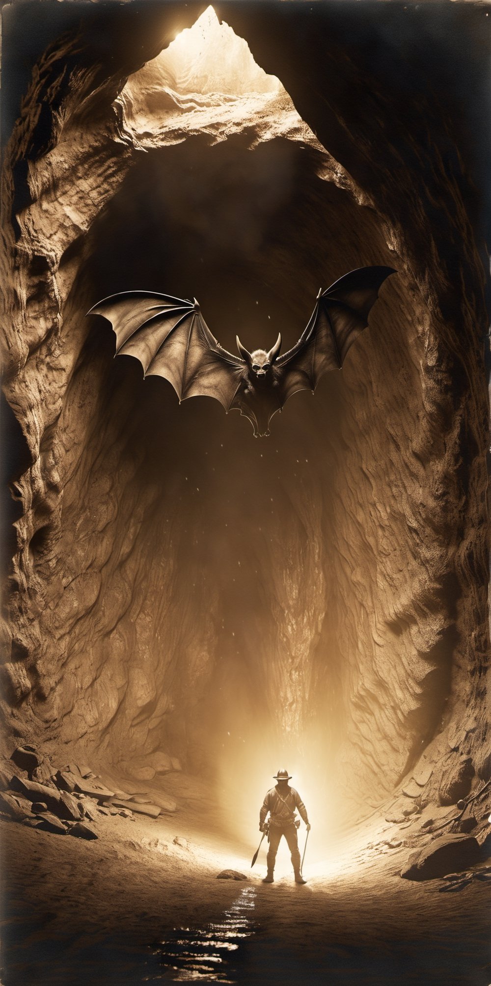 A man comes face to face with a bat monster while exploring a cave tunnel.
Sepia tones

8k resolution photorealistic masterpiece, intricately detailed, cinematic lighting, maximalist photoillustration, HD,make_3d,more detail XL