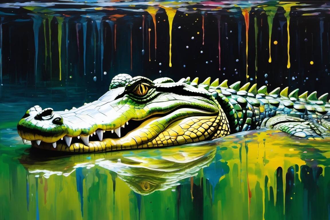 A Crocodile swims through paint. 

A crocodile silently swims through a pool of paint. The only visible features of the crocodile are the top of it's head, eys, snout, top of it's back, and the end of its tail. 

This should be a surreal depiction of a stealthy predator. Only slight ripples emanate through the paint showing only the slightest hint of movement. 

The crocodile is Green and its eyes are yellow with a black slit pupil. The pool of paint has various colors to it. The backdrop for this picture white. 

dripping paint,biopunk style,Movie Still