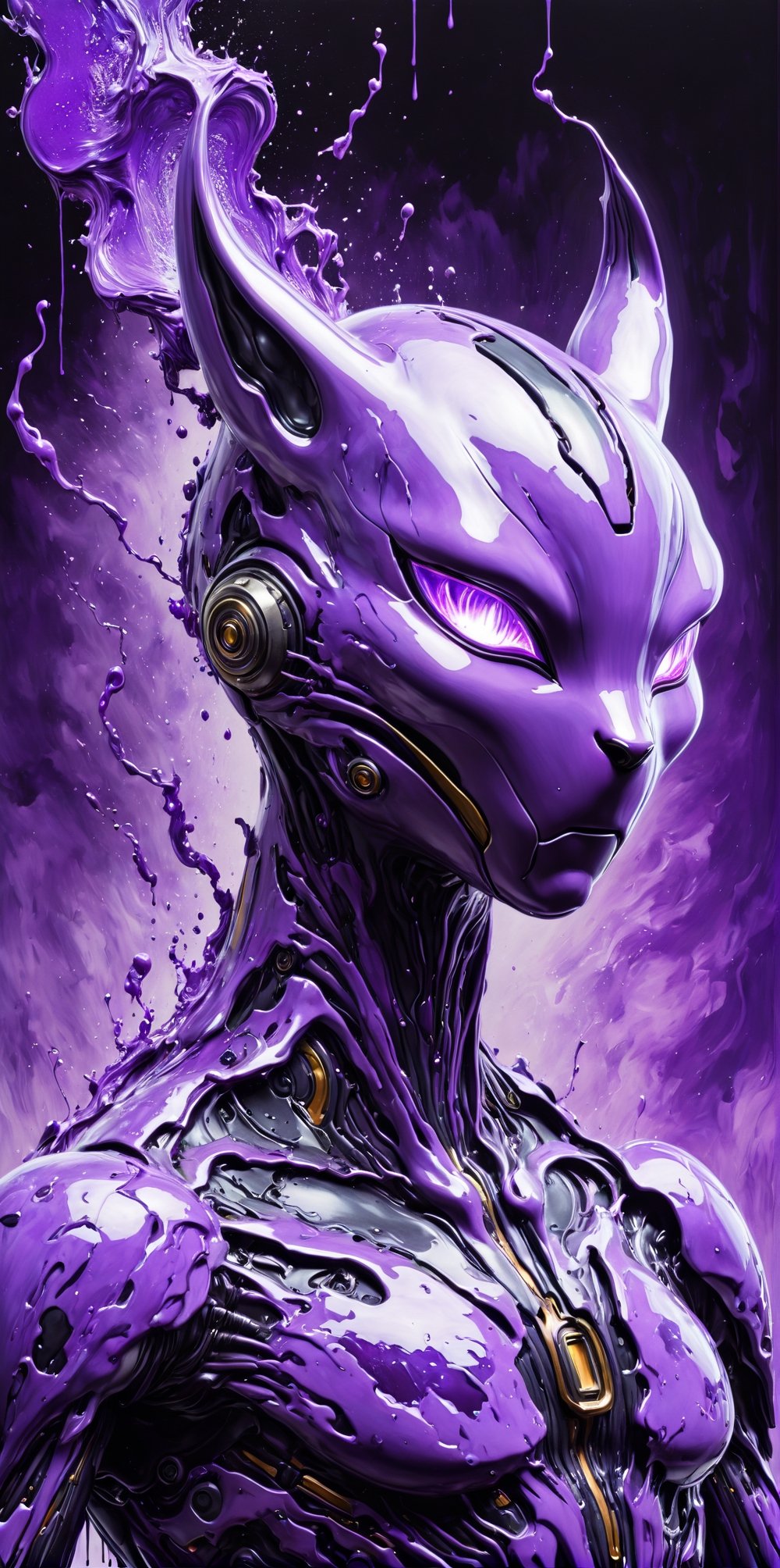 Render Mewtwo from Pokemon, dripping paint. 

photorealistic, Purple,  seeBlack ink flow: 8k resolution photorealistic masterpiece, intricately detailed fluid gouache painting, by Jean Baptiste Mongue, calligraphy, acrylic: colorful watercolor art, cinematic lighting, maximalist photoillustration, 8k, HD, resolution concept art intricately detailed, complex, elegant, expansive, fantastical, psychedelic realism, dripping paint,cyborg style,steampunk style,cyborg,android,steampunk,Movie Still, salvadordalistyle, noise reducer,