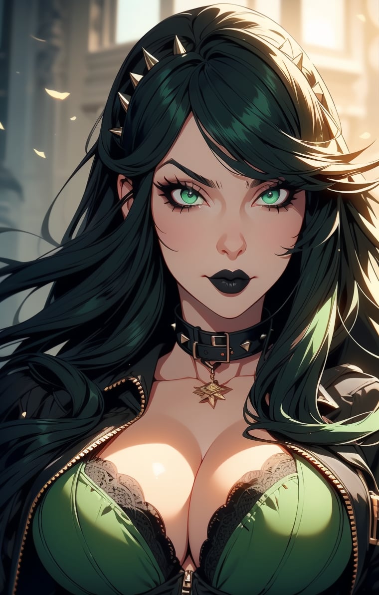 (shag hairstyle:1.2),(long black hair:1.4),(gray-green eyes),fringe((1 mature woman)), (busty),black makeup,black lipstick,large breasts, best quality, extremely detailed, HD, 8k,(busty), large breasts,black corset, jacket with spikes