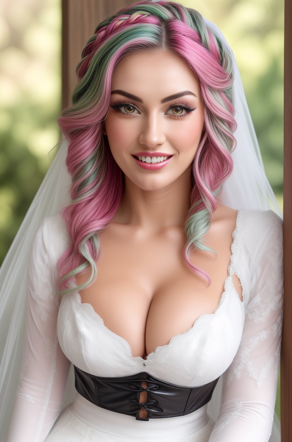 (vivid colors), HDR, ((best quality)), masterpiece, intricate details, 8k, beautiful detailed face, skin pores, (beautiful detailed eyes), ((eyelashes)), 23yo., a happy woman posing to camera, ((deep cleavage)), , micro bustier, leather mini slit dress, seductive, sultry smile, pink green hair, wavy hair, light lipstick,  braids, thick thighs,  knee up  photo, hair adorns, laces, ((white bride theme)) , resemble Lucy Pinder and MeganFox