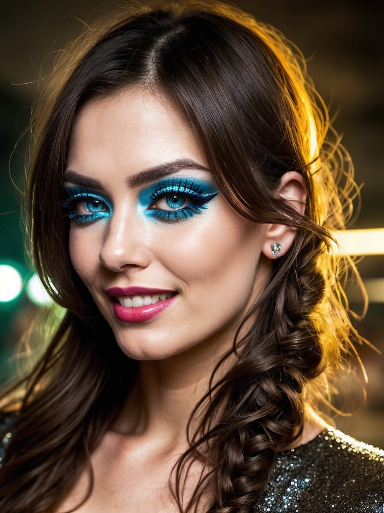 ((HDR)), Extremely Realistic, perfect teeth, a colombian model, 23y.o. ,  ((eyelashes)), colored lips, smile, braids, bangs,  aqua_hair,  ((smokey eyes)), (vogue make_up), steampunk, night glowy street , photo of perfecteyes eyes, body photo