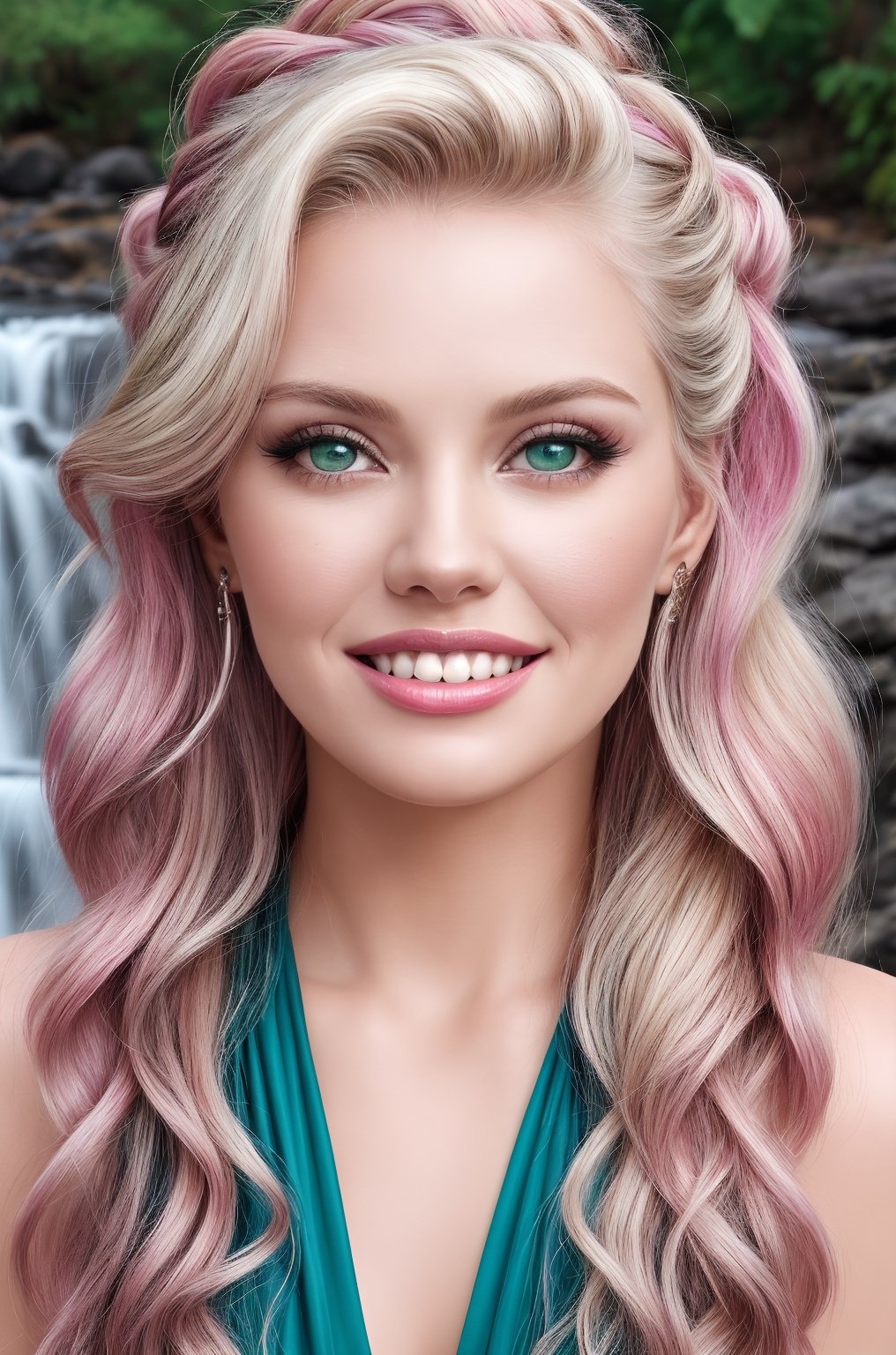 (vivid colors), best quality, masterpiece, detailed, 8k, beautiful detailed face, skin pores, ((beautiful detailed eyes)), 23yo., a happy woman sitting, colorful lyngerie, , sultry smile, pink green wavy hair, braids, asymmetrical  bangs, ornaments, knee up  photo, waterfalls splash, , resemble Anna Nicole Smith,