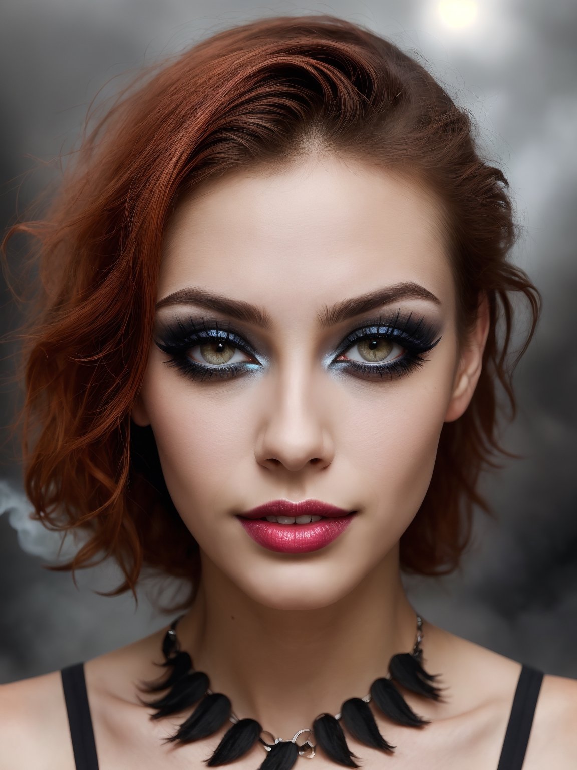 ((HDR)), Extremely Realistic, hyper realistic, perfect teeth, a mexican supermodel, 23y.o. ,   ((eyelashes)), colored lips, smile, curly red_hair,  ((smokey eyes)), (gothic make_up), night glowy street , photo of perfecteyes eyes, bust_portrait