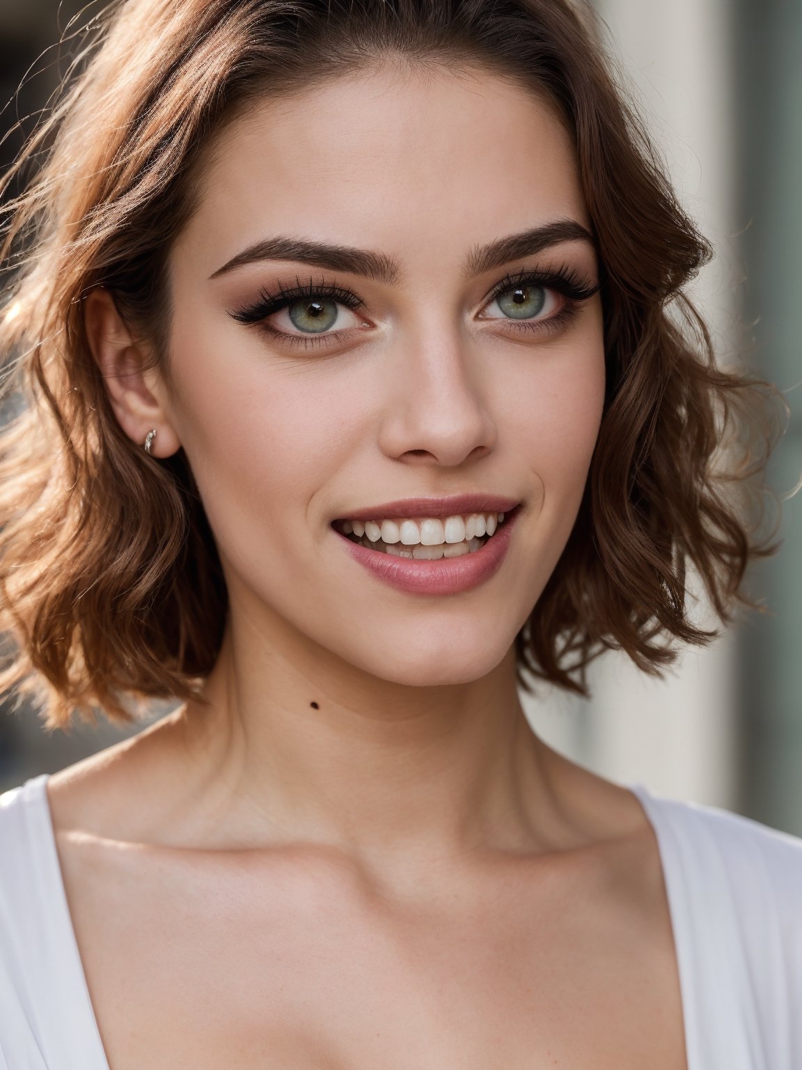 ((HDR)), Extremely Realistic, hyper realistic, perfect teeth, Give me a photo of a italian supermodel, 23y.o. , wearing a green mini dress, ((eyelashes)), red lips, smile, curly pink_hair, chubby, smokey eyes, (make_up), street chaos, ,photo of perfecteyes eyes, bust_portrait