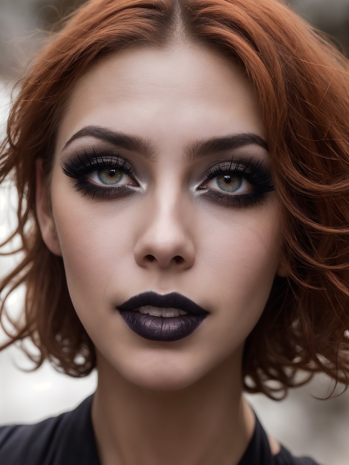 ((HDR)), Extremely Realistic, hyper realistic, perfect teeth, a mexican supermodel, 23y.o. ,   ((eyelashes)), colored lips, smile, curly red_hair,  ((smokey eyes)), (gothic make_up), night glowy street , photo of perfecteyes eyes, bust_portrait