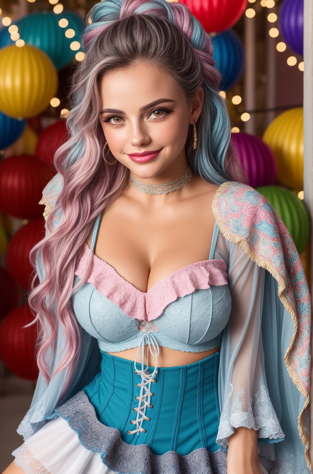 (vivid colors), HDR, ((best quality)), masterpiece , intricate details, 8k, beautiful detailed face, skin pores, (beautiful detailed eyes), ((eyelashes)), 23yo., a happy woman posing to camera, colorful bustier, frilled mini skirt,  , sultry smile, pink blue braids, asymmetrical hair, (large breast), ornaments, thigh boots, laces, delicate transparent cape, knee up  photo, (colorful embrodeiry theme), night street carnival, tanned, light lipstick, resemble indiana evans and mena suvari