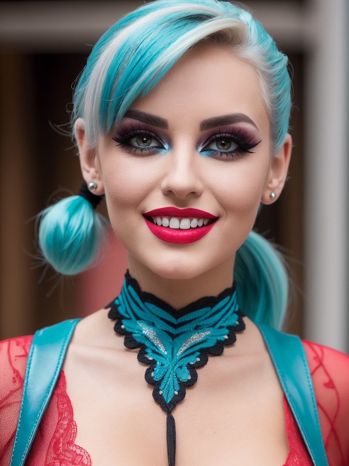 photorealistic, ((quality)), 8k, (UHD:1.23), centered, a beautiful mexican, fractal embrodeiry, ((gothic makeup)), ((eyelashes)), blue turquoise leather mini dress, laces, ponytail hair, asymmetric_bangs, colored lips,  (cleavage), sultry smile, perfect teeth, silver pinkhair, (posing), walking red carpet, resemble britney spears