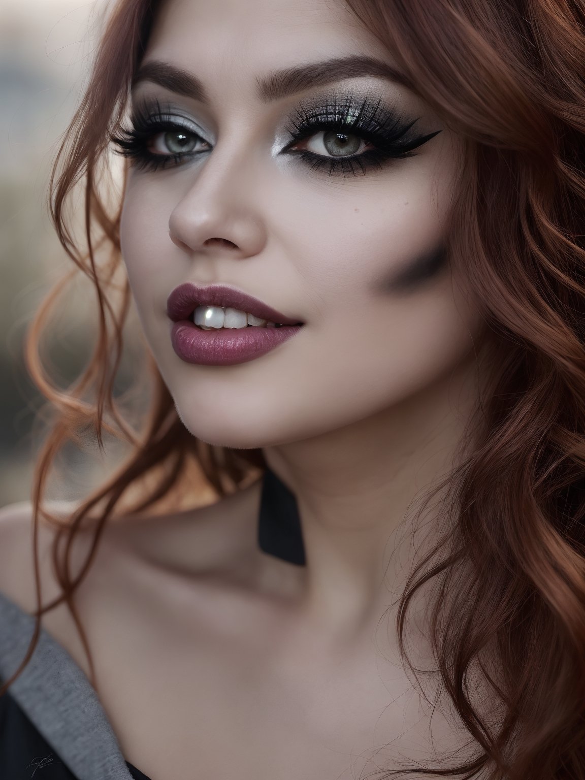 ((HDR)), Extremely Realistic, hyper realistic, perfect teeth, a mexican supermodel, 23y.o. ,   ((eyelashes)), colored lips, smile, curly red_hair,  ((smokey eyes)), (gothic make_up), night glowy street , photo of perfecteyes eyes, from side
