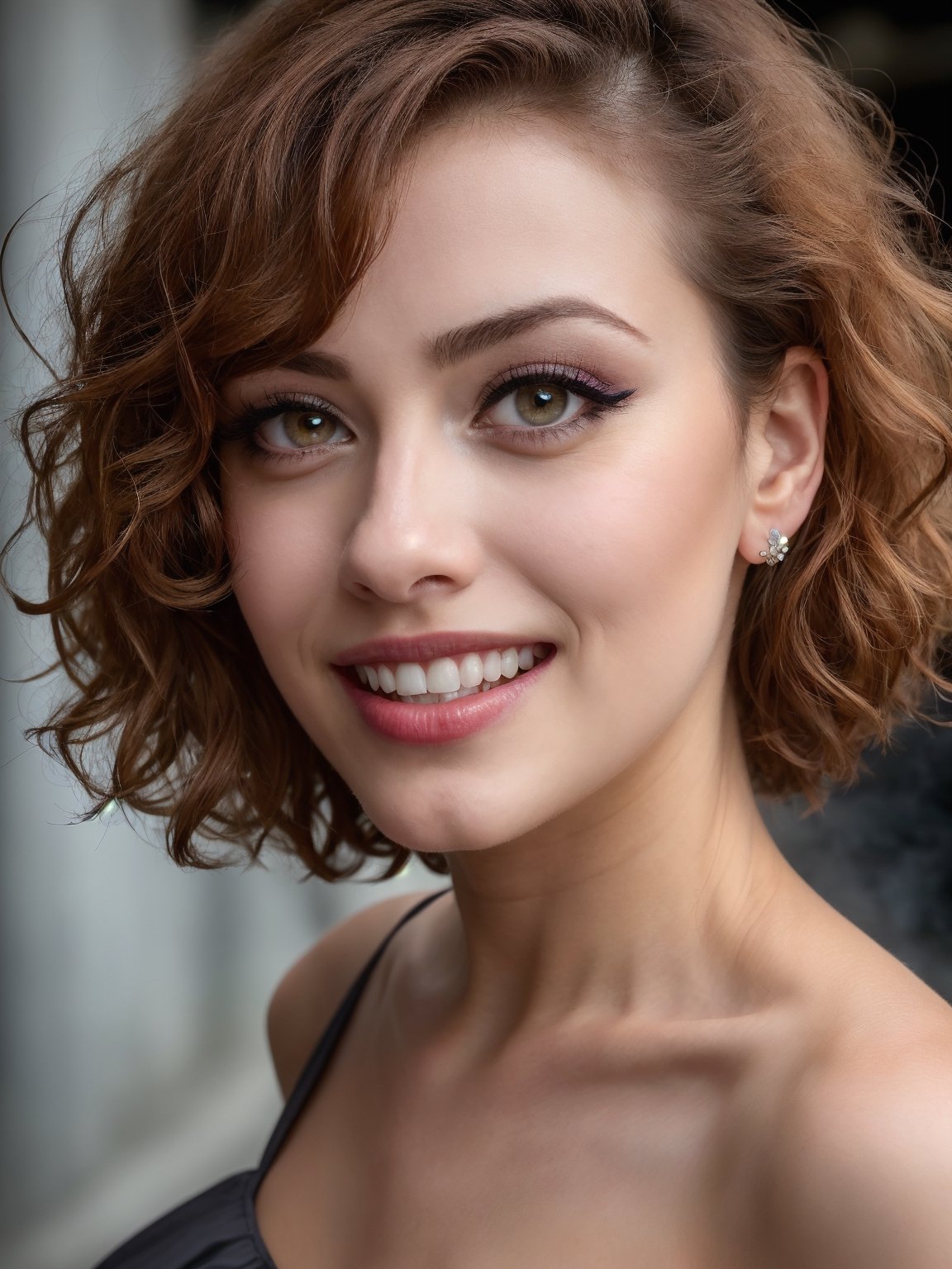 ((HDR)), Extremely Realistic, hyper realistic, perfect teeth, a mexican supermodel, 23y.o. , wearing a cyan mini dress, flowers print, ((eyelashes)), red lips, smile, curly red_hair, chubby, ((smokey eyes)), (make_up), night glowy street , photo of perfecteyes eyes, knee up photo from side