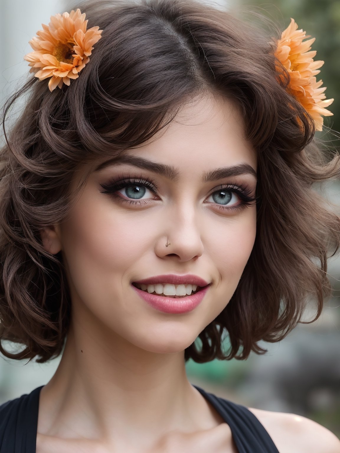 ((HDR)), Extremely Realistic, hyper realistic, perfect teeth, a mexican supermodel, 23y.o. ,  cyan mini dress, flowers print, ((eyelashes)), colored lips, smile, curly red_hair, chubby, ((smokey eyes)), (make_up), night glowy street , photo of perfecteyes eyes, knee up photo from side