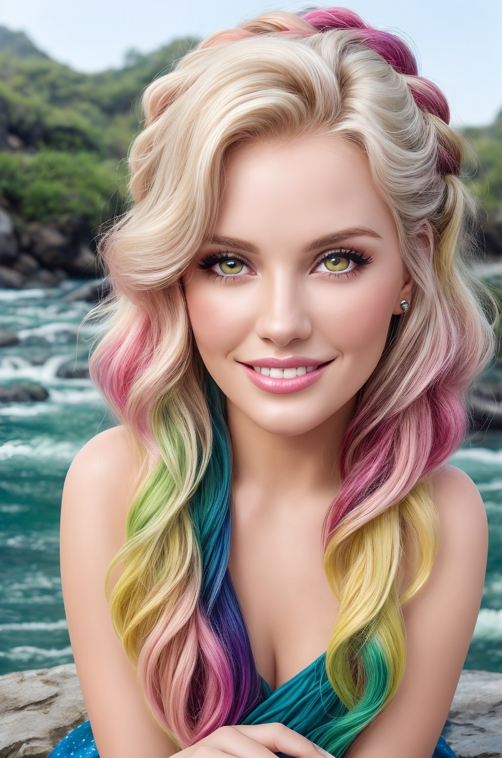 (vivid colors), best quality, masterpiece, detailed, 8k, beautiful detailed face, skin pores, ((beautiful detailed eyes)), 23yo., a happy woman sitting, colorful lyngerie, , sultry smile, pink green wavy hair, braids, asymmetrical  bangs, ornaments, knee up  photo, waterfalls splash, , resemble Anna Nicole Smith,