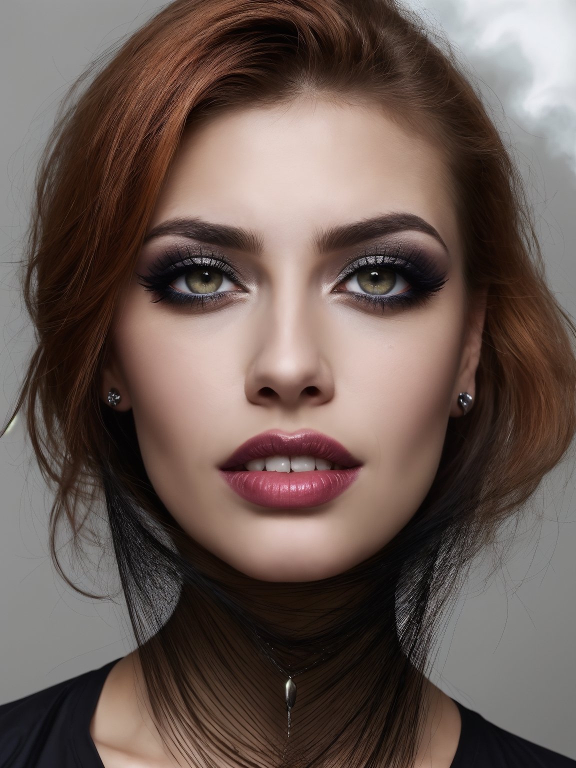 ((HDR)), Extremely Realistic, hyper realistic, perfect teeth, a mexican supermodel, 23y.o. ,   ((eyelashes)), colored lips, smile, curly red_hair,  ((smokey eyes)), (gothic make_up), night glowy street , photo of perfecteyes eyes, from side