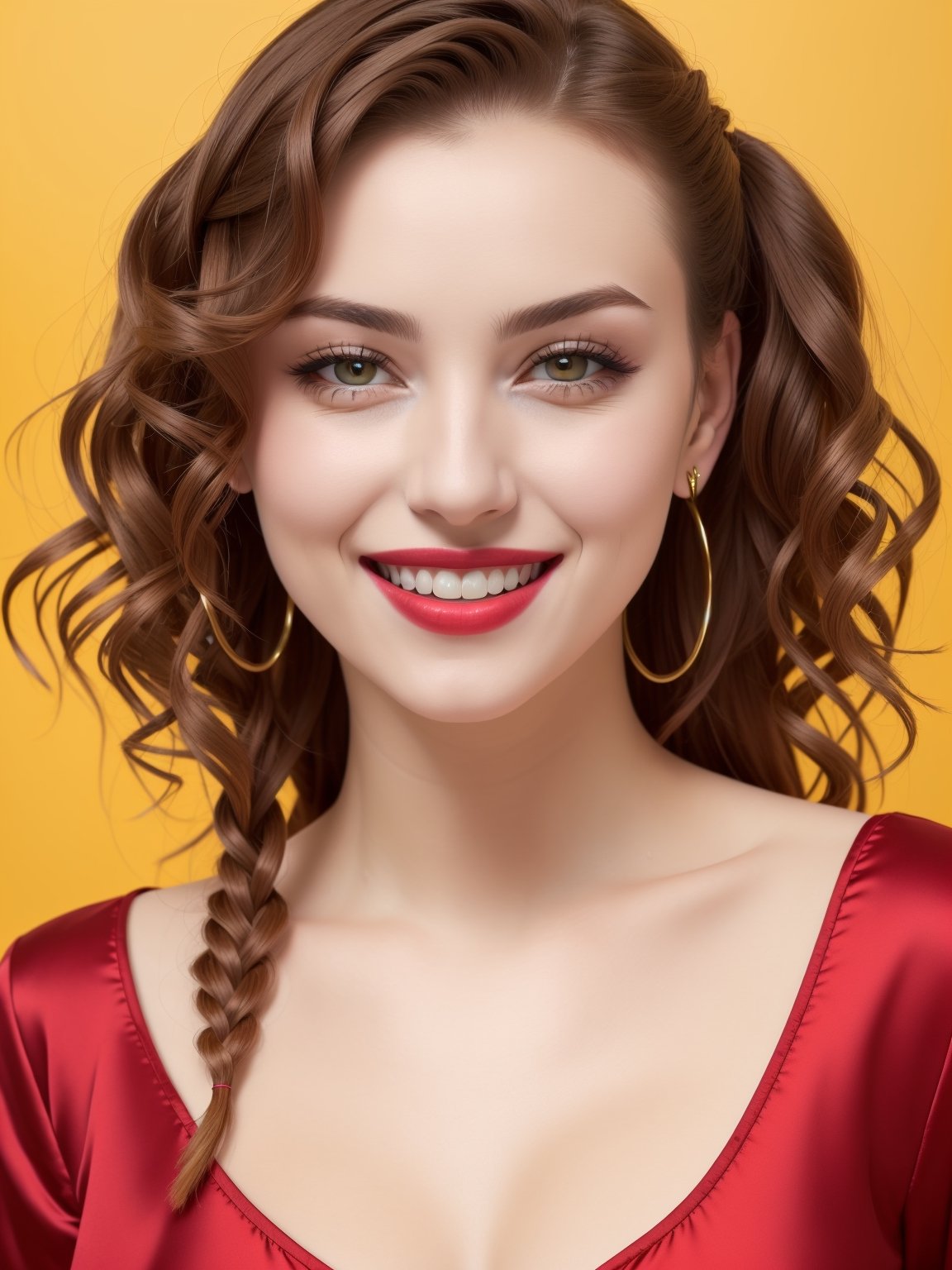 very realistic, 8k, masterpiece, facing camera, a beautiful Sexy woman, tight silk mini dress, braids, curly red hair, large full round breasts,   sultry smile, colored lips, perfect teeth, hazel, pyjama party, Masterpiece, Realism, knee up photograph