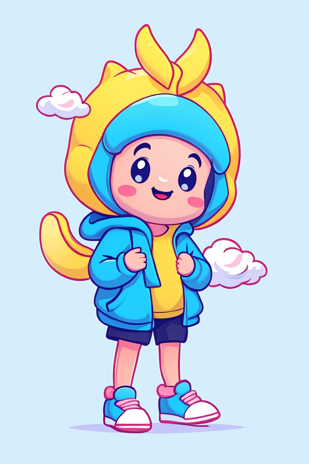 Cartoon character, style of Cathleen McAllister, a cute banana, on clouds, pastel colors, simple background, artstation, indonesia, sticker, cutestickers,cutestickers, male, 2 years old,