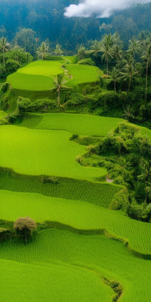 jzcg001 ,scenery,tree,, masterpiece, best quality, A photo of a winding road through a lush green rice field, framed by towering volcanoes in the background, taken with a DSLR camera with a wide-angle lens, natural lighting, and a landscape style. The location is the Tegalalang Rice Terraces in Bali, Indonesia. 