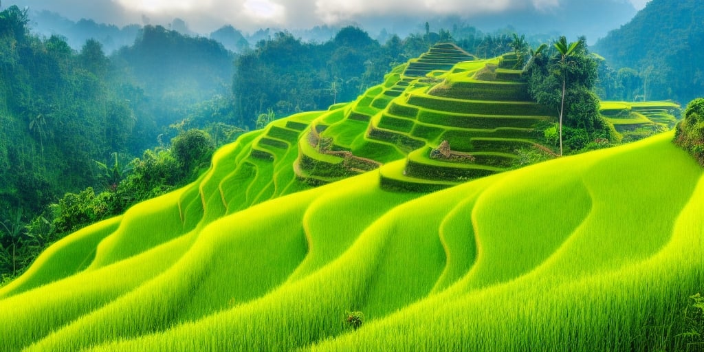 jzcg001 ,scenery,tree,, masterpiece, best quality, A photo of a winding road through a lush green rice field, framed by towering volcanoes in the background, taken with a DSLR camera with a wide-angle lens, natural lighting, and a landscape style. The location is the Tegalalang Rice Terraces in Bali, Indonesia. 
