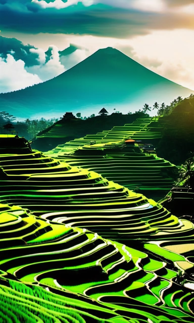 a winding road through a lush green rice field, framed by towering volcanoes in the background, taken with a DSLR camera with a wide-angle lens, natural lighting, and a landscape style. The location is the Tegalalang Rice Terraces in Bali, Indonesia