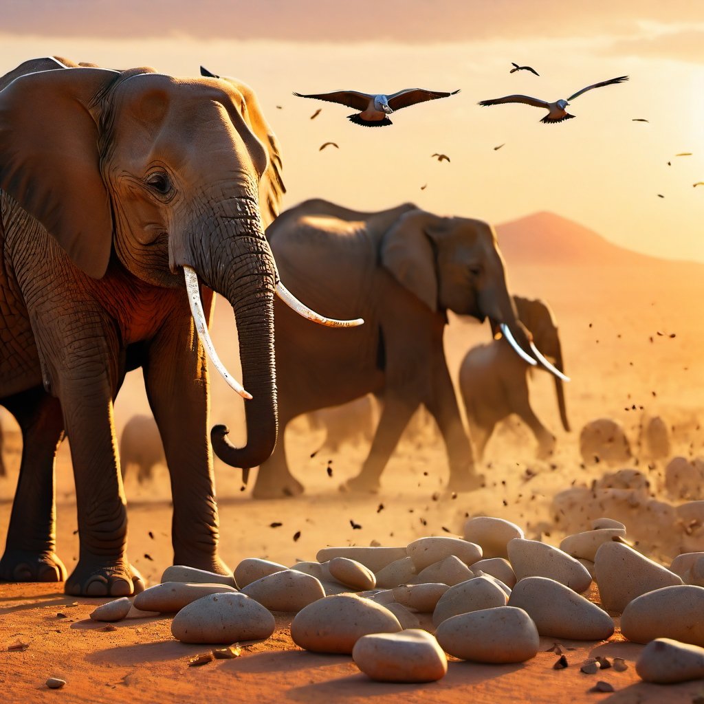 Best quality,masterpiece,ultra high res,booth,no humans,still life, detail background, A photo of a flock of birds dropping stones from their mouths onto a herd of elephants in a desert valley at sunset, taken with a DSLR camera with a telephoto lens, natural lighting, and a documentary style.