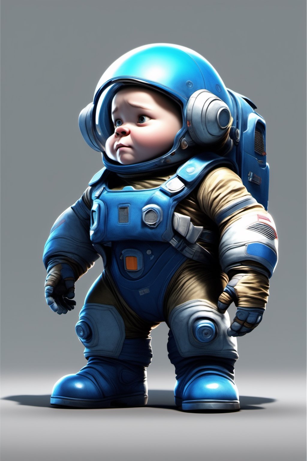 Cartoon character, 12 years old, 3d, no nose, blue color, cute, dwarf, pixar style, hold gun, astronaut suit, stand alone, full body, photo realistic, shuted helmet, high tech, sophisticated 