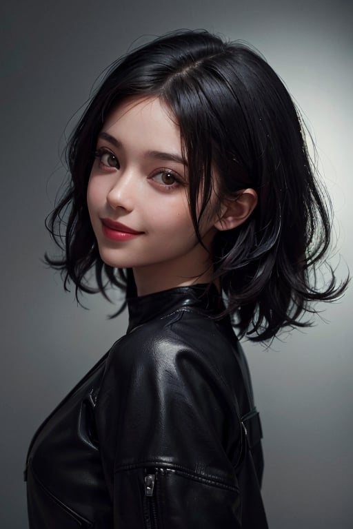 a 20 yo woman, black wavy hair, look at viewer, from front, (hi-top fade:1.3), dark theme, soothing tones, muted colors, high contrast, (natural skin texture, hyperrealism, soft light, sharp) , smile