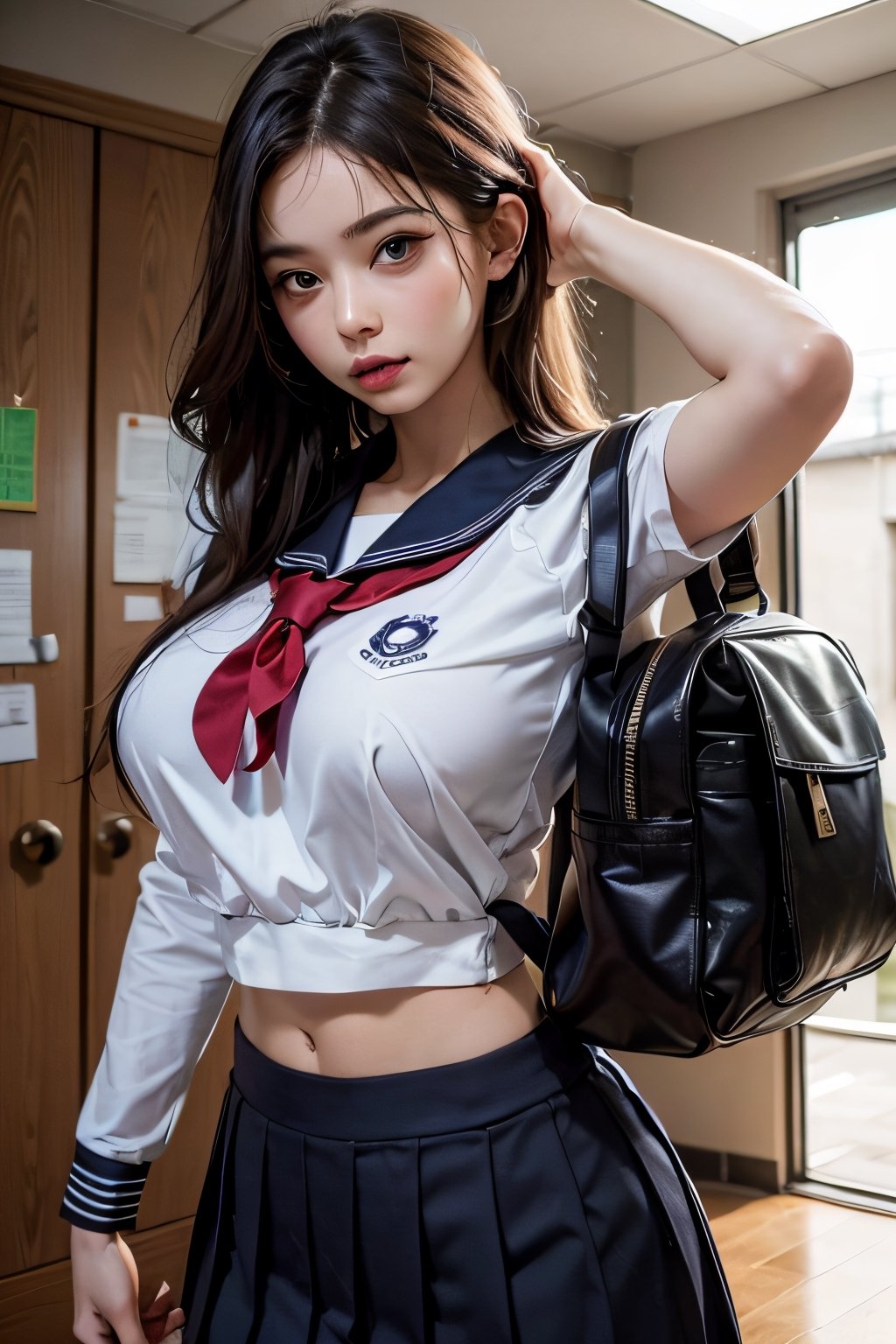 
(Masterpiece), (Top Quality), (Super Detail), One Girl, Sailor Suit, Looking Beyond, Perfect Face, Floating, (Shining), Face in Focus, Long Hair, ((Pants)), white lace, upper body, black hair, shiny hair, big breasts, school uniform, lighting on face, shiny face, best lighting, lighting, front light, school bag, Serafuku, wide angle, wide shot, Japanese school entrance standing , black pleated skirt,
