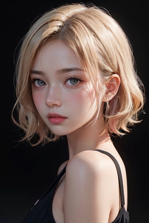 a 20 yo woman, blonde wavy hair, look at viewer, from front, (hi-top fade:1.3), dark theme, soothing tones, muted colors, high contrast, (natural skin texture, hyperrealism, soft light, sharp) , (embarrassed,blush:1.3)