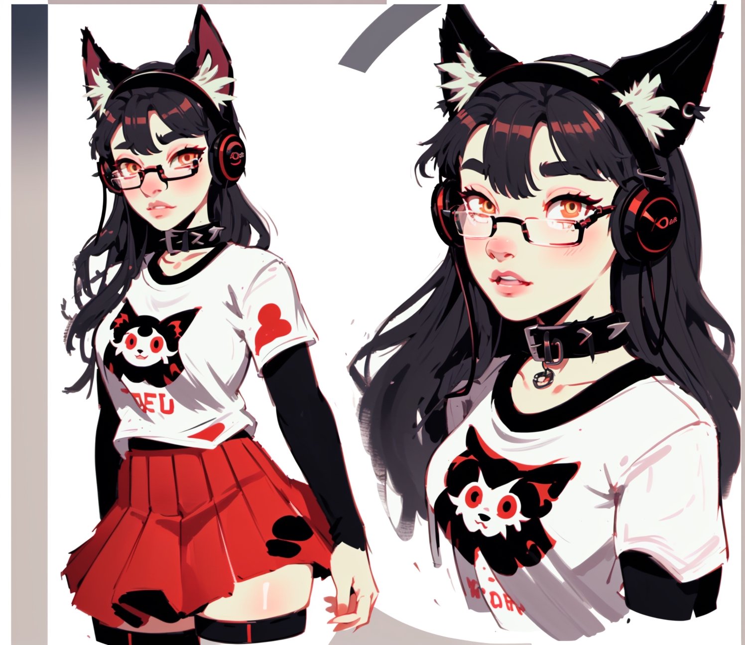 masterpiece, best quality, face portrait of a female anthro loona hellhound, spiked collar, detailed face, detailed eyes, slit pupils, white eyes, red sclera, headphones, glasses, skirt, thighhighs,black-framed eyewear, loona hellhound T-shirt,