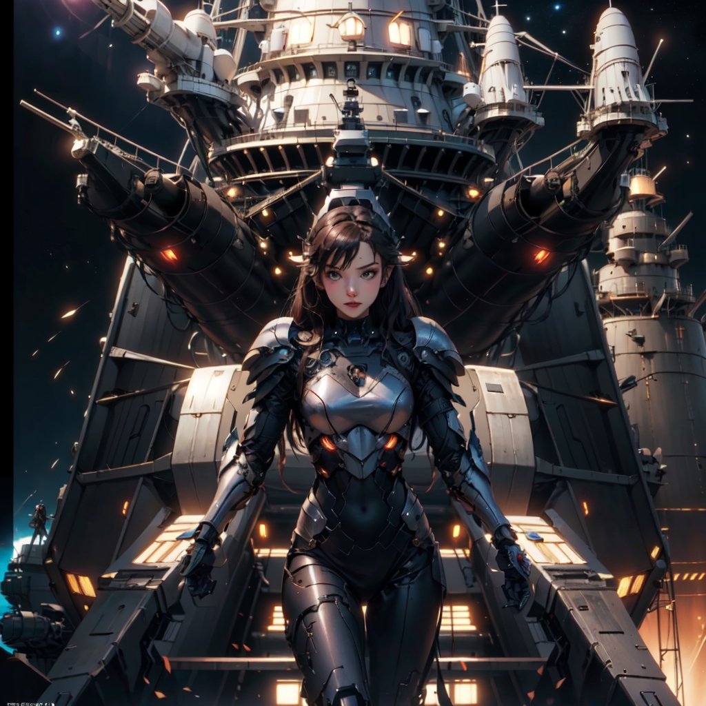 High quality, detailed, lighting, space, outside the planet, (((Spaceships, armored ships, armed, shooting at other ships))). [((Girl, 20 years old, captain, (body, good physique, perfect body), at the helm, tracking shot, looking at the battle))]. red alert status, illustrated,