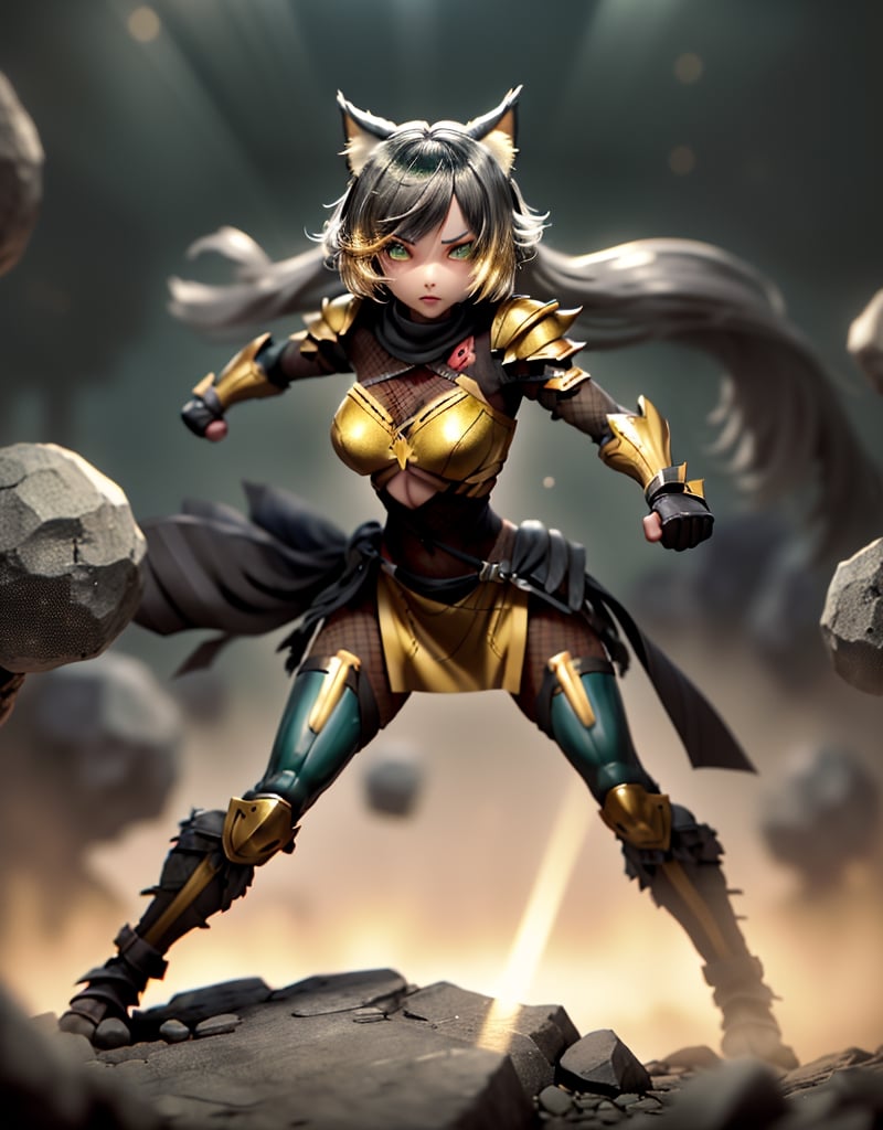 good quality, HD, particles of light, [((neko woman, hair, gray with light blue stripes, shiny, round eyes, green eyes with golden edges, shiny cupilas, good figure, light armor combat posture))]. fighter, attacking the viewer with her fists, attacking action, monsters in the distance, blood particles,perfect