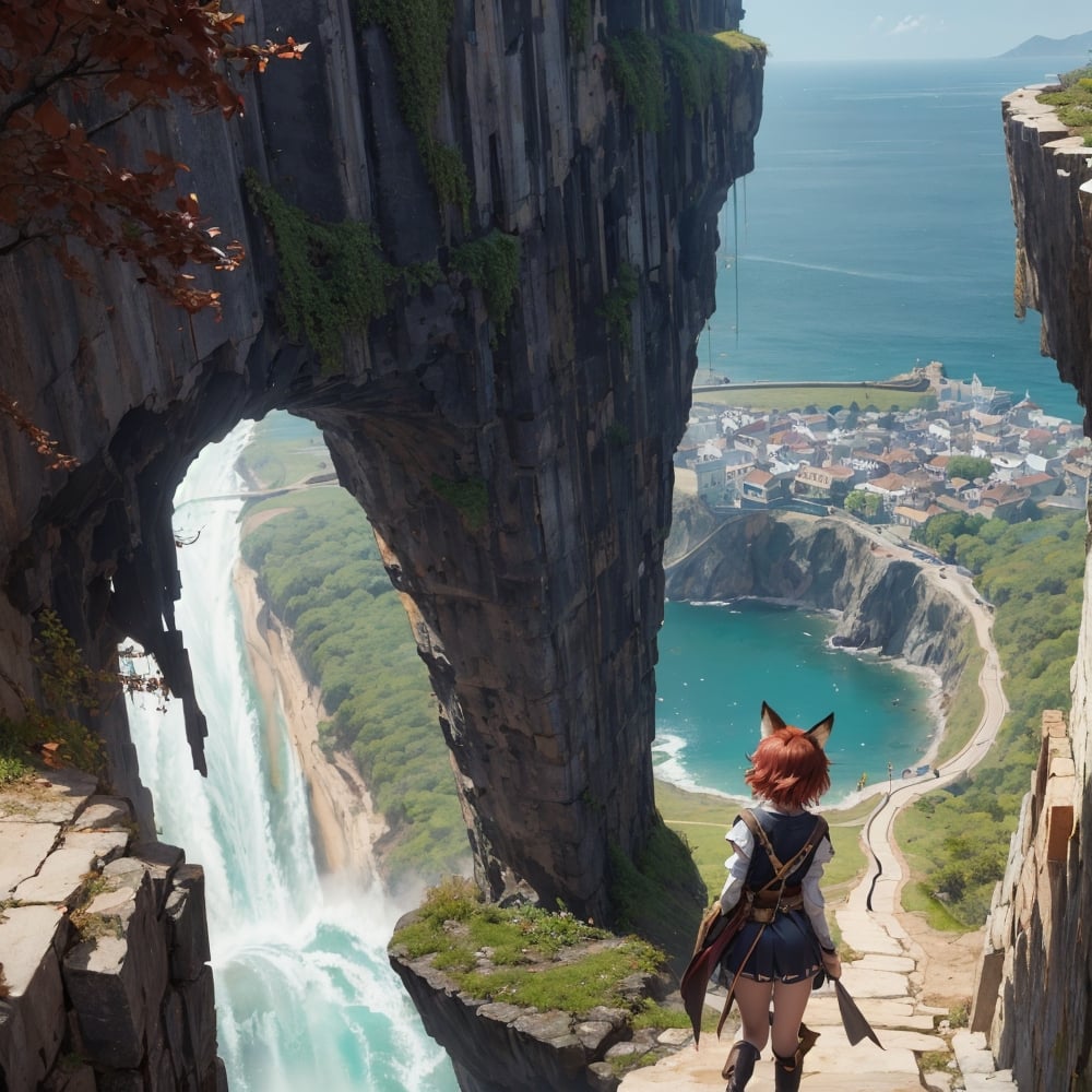 painting, Medieval Era, (City, on a cliff, walled, large population, houses hanging from the cliffs). lighting, dust particles, waterfalls, wind, view from the entrance, city of semi-humans, (Fox girl, short red hair, fox ears, semi-human, turning away from the camera, facing the camera, looking towards the city). isekai,