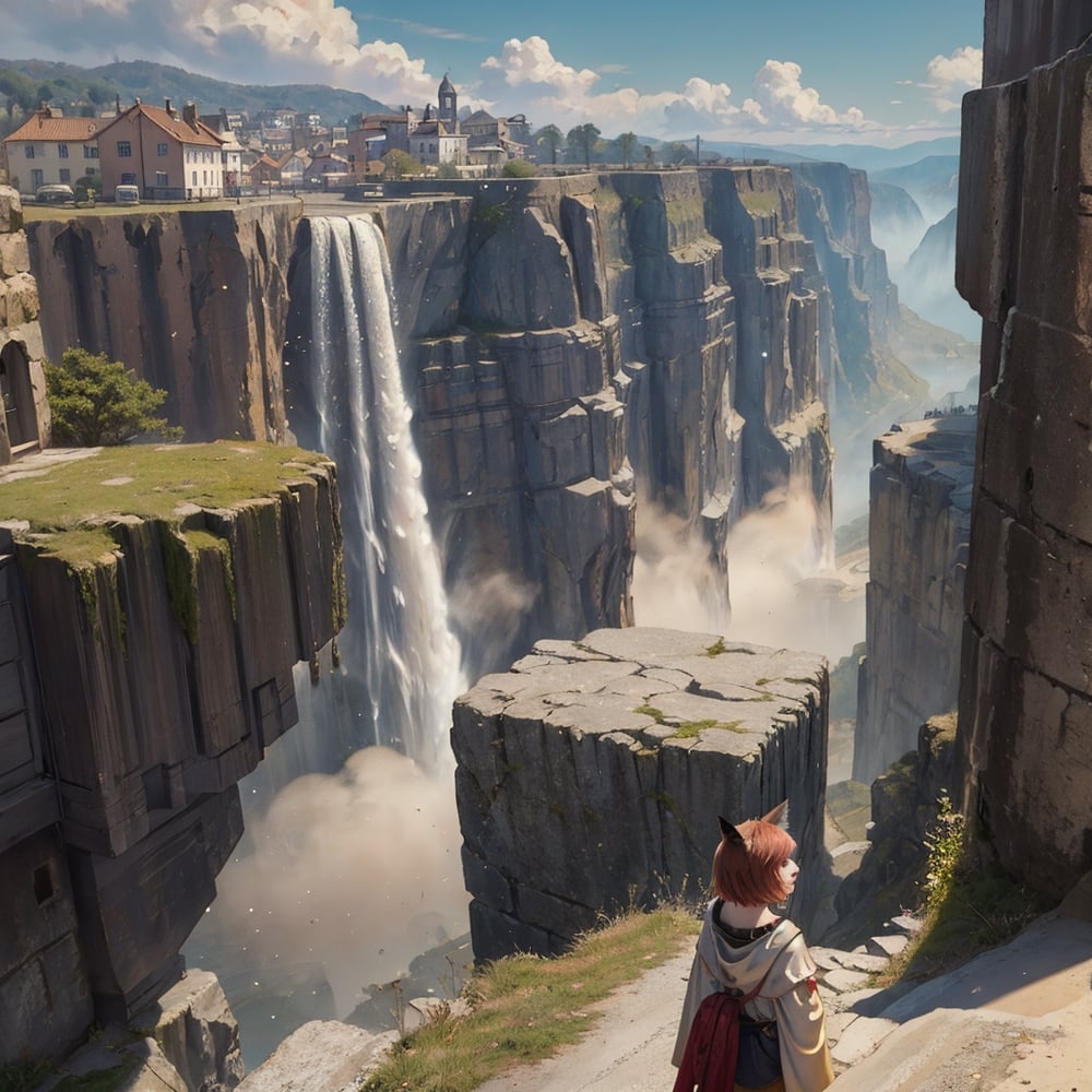 painting, Medieval Era, (City, on a cliff, walled, large population, houses hanging from the cliffs). lighting, dust particles, waterfalls, wind, view from the entrance, city of semi-humans, (Fox girl, short red hair, fox ears, semi-human, turning away from the camera, facing the camera, looking towards the city). isekai,