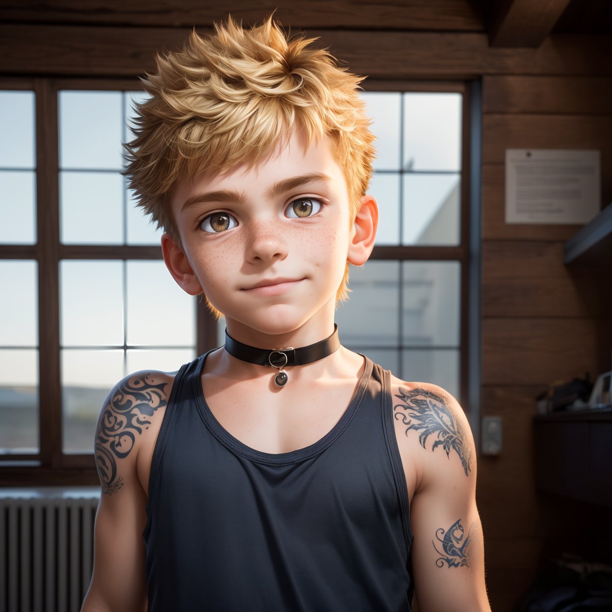 (((LITTLE KID))), 
photo, rule of thirds, dramatic lighting, medium hair,, BOY wearing tank top, freckles, choker, smirk, tattoo,,realism,realistic,raw,analog,,portrait,photorealistic,long,dragon,3DMM,cute blond boy