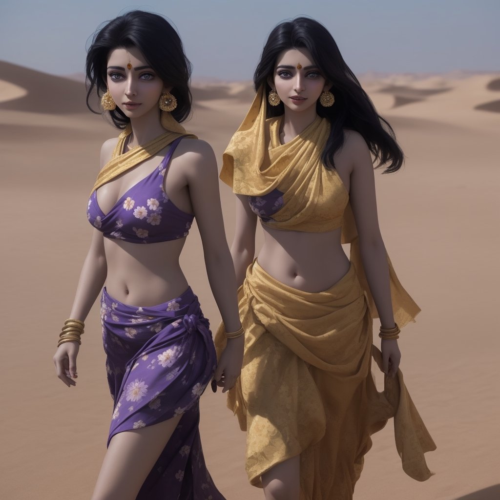 wearing purple and golden floral printed_bikini, walking on the desert, daytime, sunlight light from top focusing her face, feminine is 30 years old, a seductive feminine from Panjab India, She has an olive complexion,her big reflective eyes, an elegant hairstyle, bellybutton piercing, highly detailed, diamond nose pin, stylish modern building surrounding, camels walking beside her