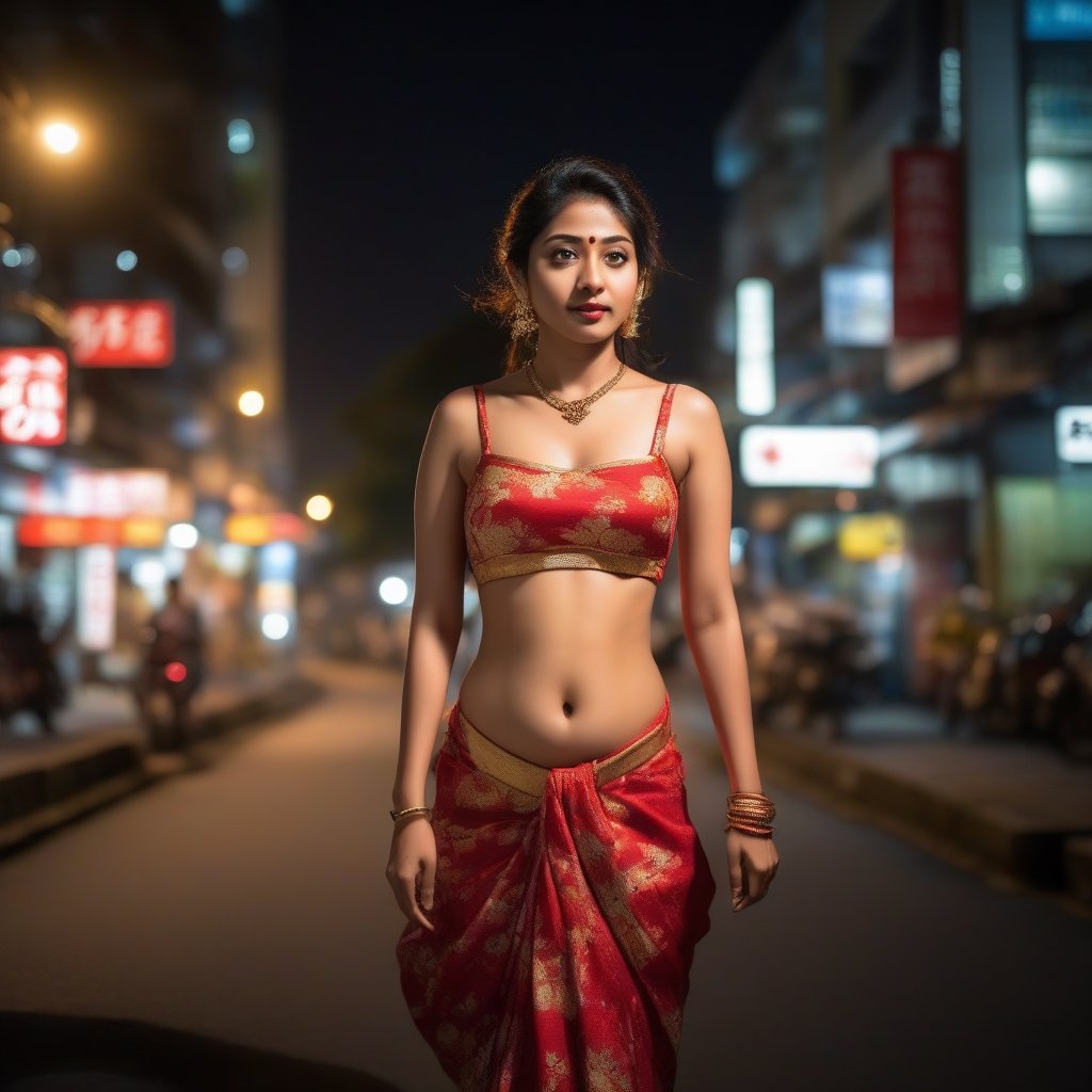 wearing red and golden floral printed_bikini_top, walking on the road, night time, street light from top focusing her face, feminine is 30 years old, body is perfect fit, feminine from south India, her big reflective eyes, hair_past_waist, bellybutton piercing, highly detailed, diamond nose pin,
stylish modern building surrounding, Japanese people walking on road side footpath
