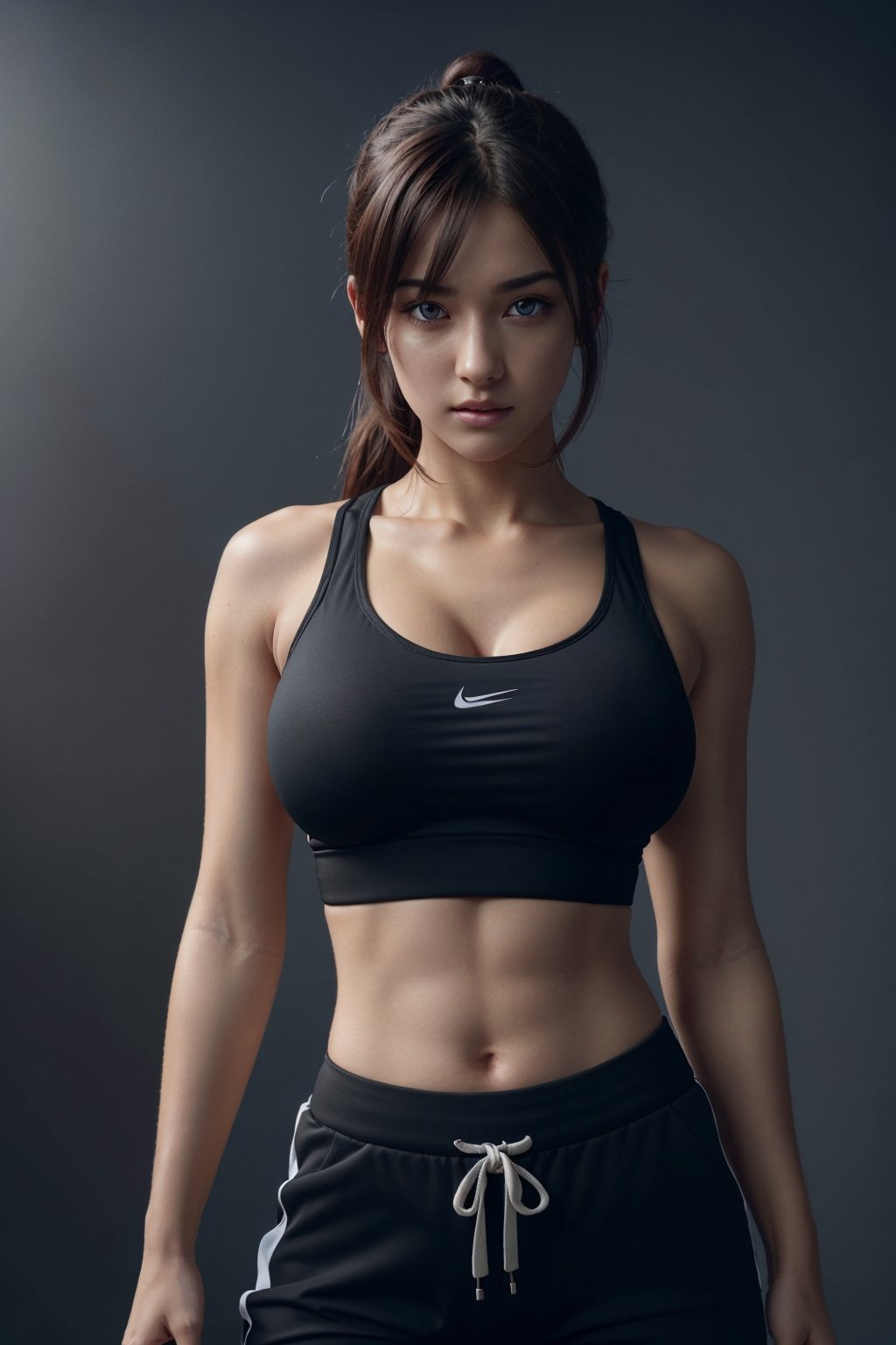 ((Masterpiece)),((Ultra Best quality)),Photorealistic,8k raw photo,((Hyperdetailed)),Girl,((Any Pose)).Beautiful Face,oversized Black Sports bra and joggers,oversized Black sportsbra  shirt and joggers,blurry_light_background, ((Medium Round Boobs)), detailed, perfect body, perfect hand,thick thigh,looking at the viewer,background landscape,Long hair,thigh exposure,perfect hands
Hinata character from naruto shippuden
,cinematic
