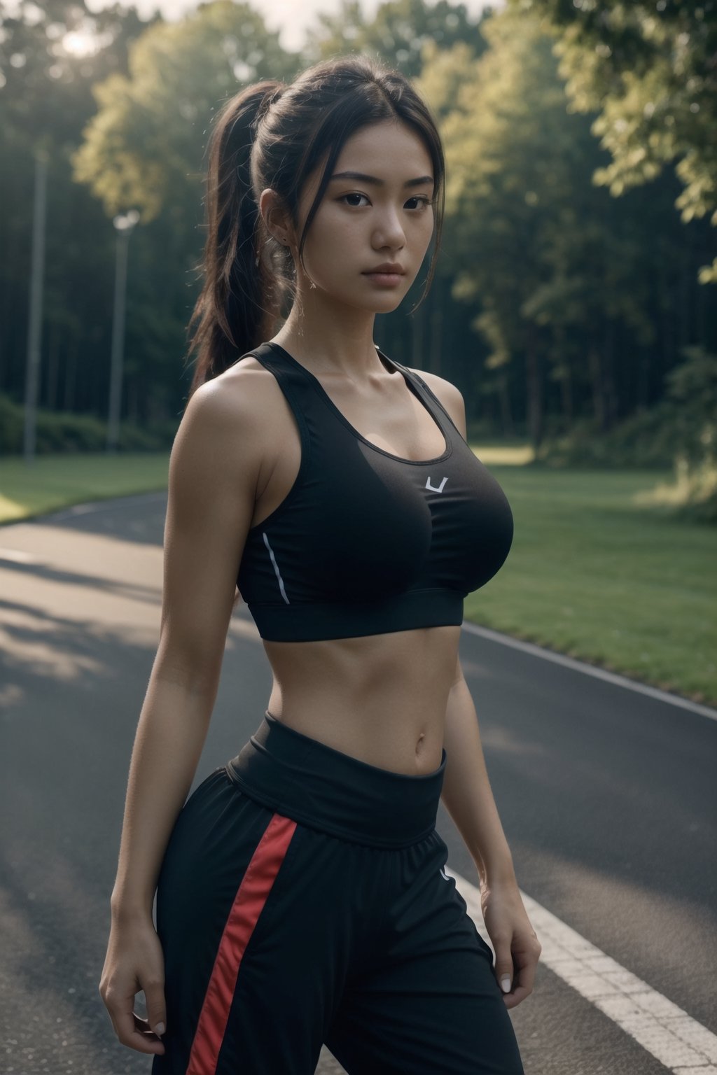 ((Masterpiece)),((Ultra Best quality)),Photorealistic,8k raw photo,((Hyperdetailed)),Girl,((Any Pose)).Beautiful Face,oversized Black Sports bra and black jogger,oversized Black sports bra and black jogger,blurry_light_background, ((Medium Round Boobs)), detailed, perfect body, perfect hand,thick thigh,japanese girl,looking at the viewer,background landscape,Long hair,thigh exposure,perfect hands,best lighting,pony_tail

